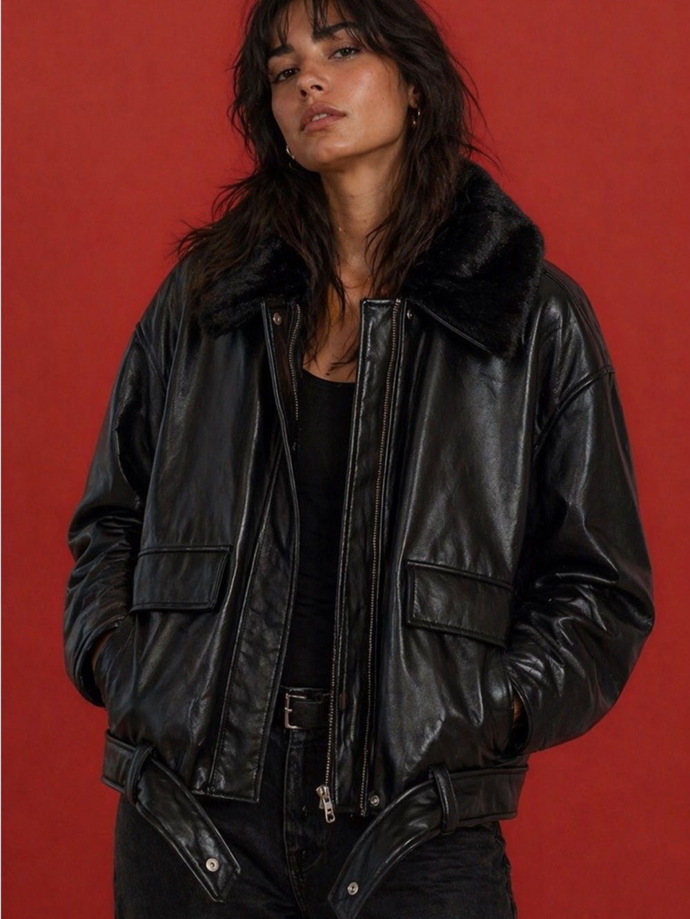 a new day Black Faux-Leather Bomber Jacket with Faux Fur Collar